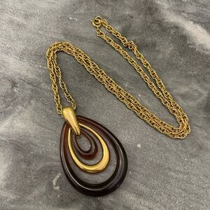 Vintage 70s Trifari Gold Faux Tortoise Teardrop Necklace